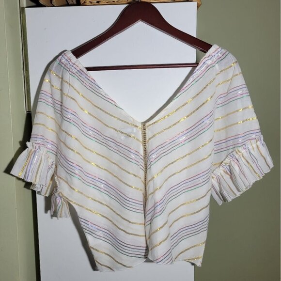 ❤ 3 For $35 Revolve Saylor metallic stripe  ruffle crop short sleeve blouse xs - Picture 11 of 15